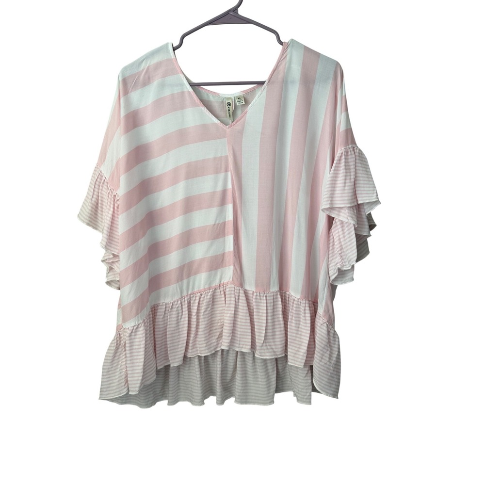 Versona Pink White Striped Ruffle V-Neck Blouse XL Peplum‎ Short Sleeve Top